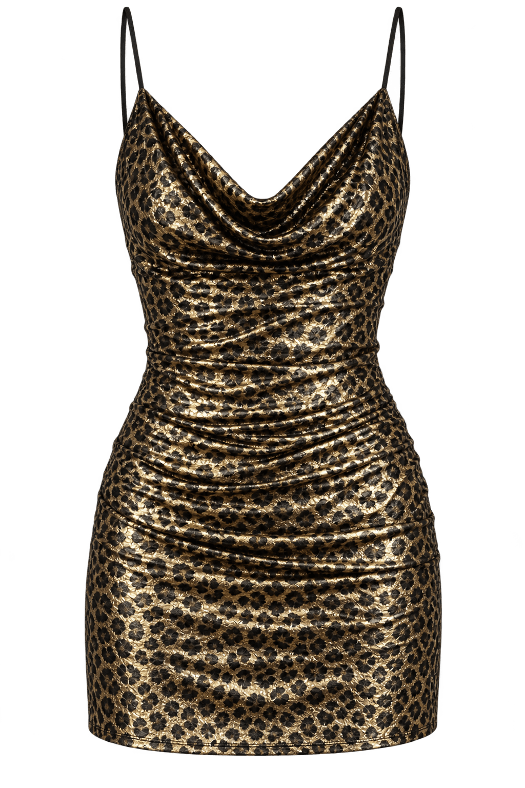 Mockup of the gold leopard cowl mini dress